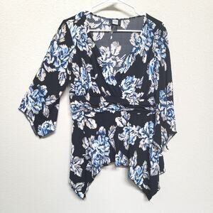 Studio 1940 Blouse Womens XL Blue Black Floral Casual Going Out Handkerchief